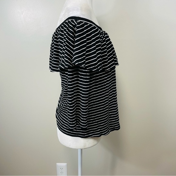 AMERICAN EAGLE Black White Striped Off Shoulder Ruffled 3/4 Sleeve Top - MEDIUM - Picture 6 of 9